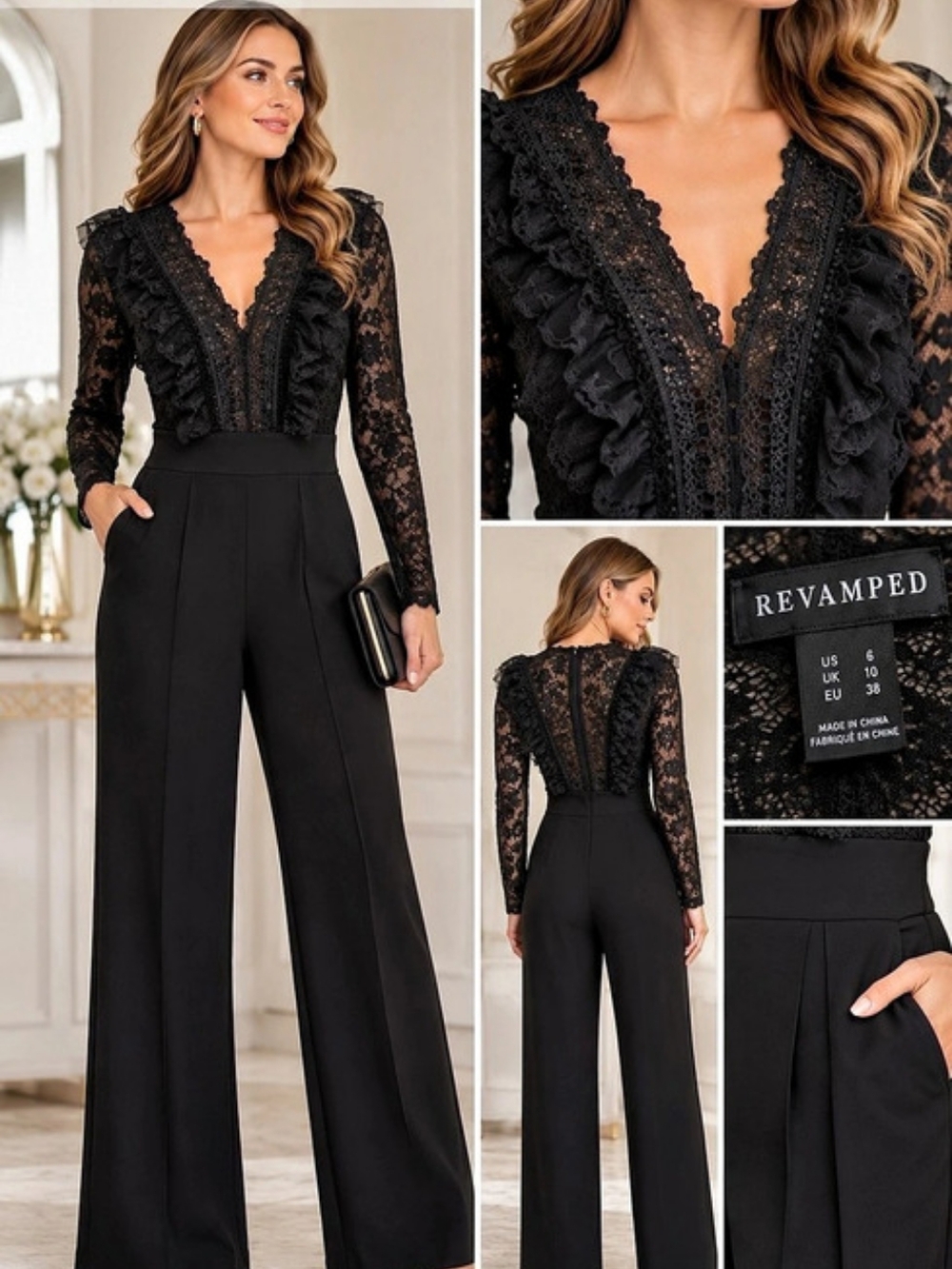 Revamped Black Lace Wide Leg Jumpsuit Size Small Perfect For Party